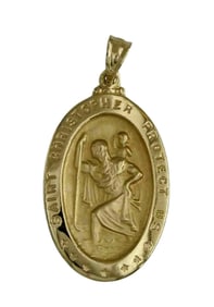 LARGE 14K St. CHRISTOPHER PROTECT US OVAL PENDANT CHARM  DETAILS:   - SIZE: 1-3/8 In. Height. (with