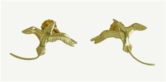 14K GOLD BERMUDA LONGTAIL TURNBACK EARRINGS AKA WHITE-TAILED TROPICBIRD OR BOSUN BIRD    Marked