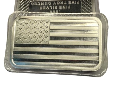 TWO 5 (FIVE) OUNCE USA FLAG .999 SILVER BULLION BARS, US AMERICAN FLAG   Two five ounce .999 Silver