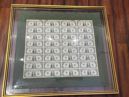 1981 UNCUT SHEET $1 ONE DOLLAR BILL, PROFESSIONALLY MATTED & FRAMED   Professionally Matted &: 1981 UNCUT SHEET $1 ONE DOLLAR BILL, PROFESSIONALLY MATTED & FRAMEDProfessionally Matted & Framed 1981 Uncut Sheet One Dollar Bill Federal Reserve Note, Linen Lined Matting Double Sided View, Gilt Woo