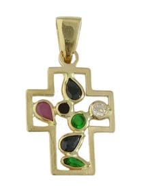 14K ITALIAN YELLOW GOLD FLOATING GEMSTONE PENDANT CROSS   Marked, '14K ITALY', featuring Marquise,