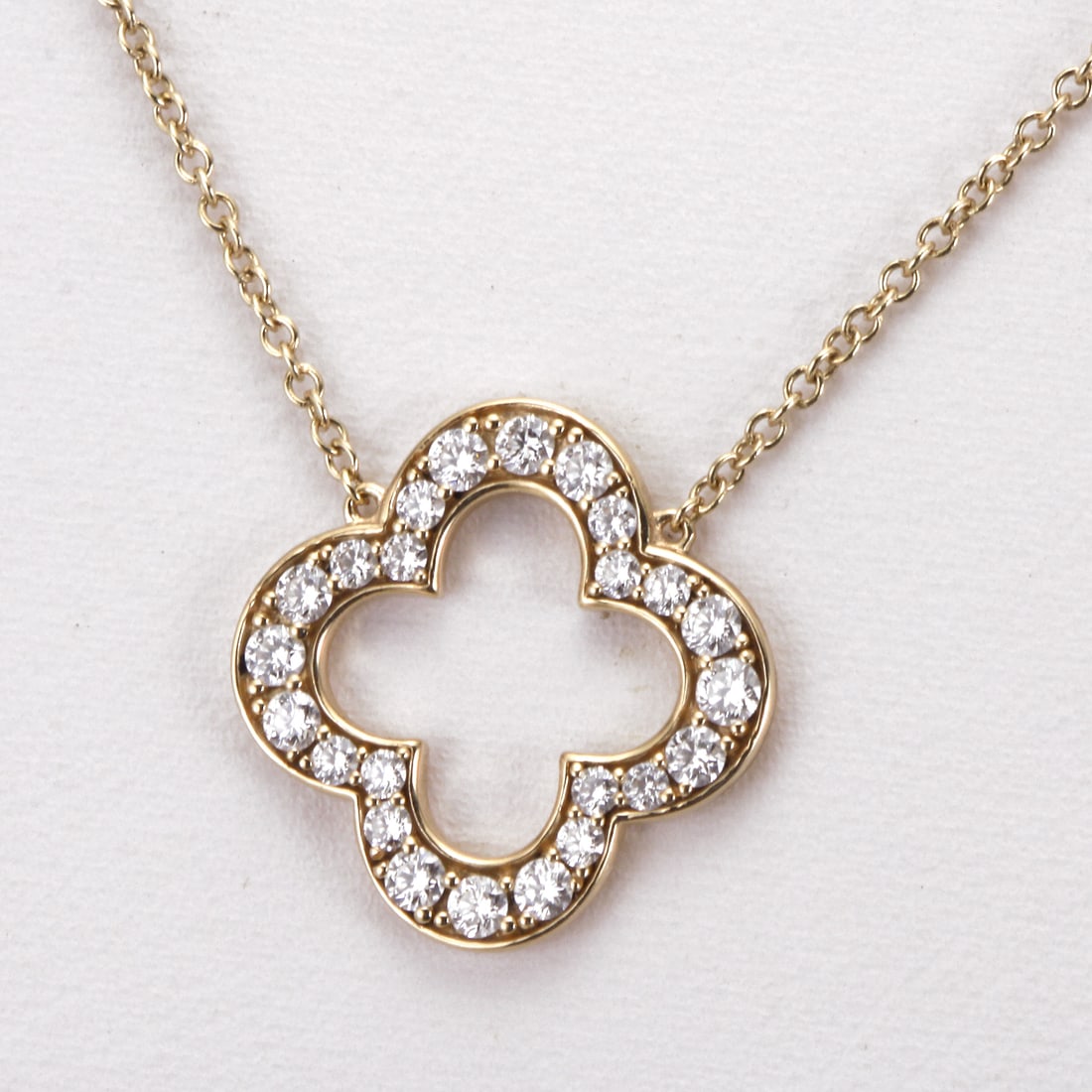 14K GOLD ALHAMBRA STYLE CLOVER DIAMOND STATION PENDANT NECKLACE   Marked, ''585'', centered with a (1 of 11)
