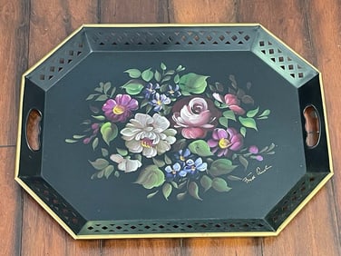 OCTAGONAL TOLE SERVING TEA TRAY HAND PAINTED FLORAL MOTIF Featured in 2006 COUNTRY LIVING MAGAZINE