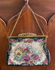 1930S AUSTRIAN PETIT POINT EMBROIDERY BOUQUET OF FLOWERS EVENING BAG PURSE   A Beautiful Vintage