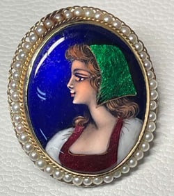 FRENCH 14K YELLOW GOLD ENAMEL PEARLS LADIES PORTRAIT PENDANT BROOCH   Marked France rich bold color