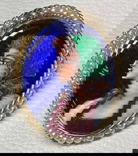 FRENCH 14K YELLOW GOLD ENAMEL PEARLS LADIES PORTRAIT PENDANT BROOCH   Marked France rich bold color: FRENCH 14K YELLOW GOLD ENAMEL PEARLS LADIES PORTRAIT PENDANT BROOCHMarked France rich bold color and detail accented with seep pearls.  DETAILS: - SIZE: 1-1/2 In. x 1-3/8 In. - WEIGHT: 8.9 Grams. - Ot