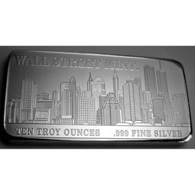 NEW YORK SKYLINE TWIN TOWERS 10 OZ. SILVER BAR, WALL STREET MINT   10 Oz. of .999 Fine Silver Wall