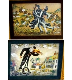 ENAMEL ON COPPER FIDDLER ON THE ROOF SPINA JUDAICA PAINTINGS   Two Vintage Enamel on Copper Fiddler