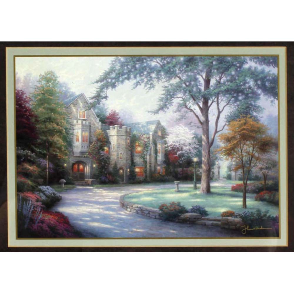 GILT FRAMED THOMAS KINKADE BEYOND SUMMER GATE COLLECTORS SOCIETY w/ COA Artwork: 7 x 10 Inches.: GILT FRAMED THOMAS KINKADE BEYOND SUMMER GATE COLLECTORS SOCIETY w/ COA Artwork: 7 x 10 Inches. Framed: 14-1/2 x 17 Inches. Biography: William Thomas Kinkade III, known as the ?Painter of Light?, wa