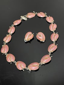 VOLMER BAHNER Vtg. PINK GUILLOCHE ENAMEL CHOKER NECKLACE & EAR CLIPS SIGNED VB STERLING SILVER