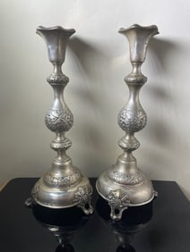 IMPERIAL RUSSIAN 84 REPOUSSE SILVER GRAPE VINE SABBATH CANDLESTICKS CANDLE HOLDERS   Illegibly