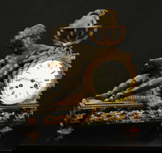 19C FRENCH GILT SPELTER CHERUB ASTRONOMER MANTLE CLOCK   A splendid 19th century French patinated: 19C FRENCH GILT SPELTER CHERUB ASTRONOMER MANTLE CLOCKA splendid 19th century French patinated and gilt white metal and marble mantle clock with the Paris foundry mark a white enamel dial, Roman numer