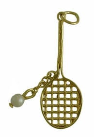 14K YELLOW GOLD TENNIS RACKET PENDANT CHARM w/ CULTURED PEARL BALL    DETAILS:   - Marked: ''14K''