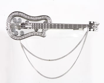 18KT WHITE GOLD FLOATING HAPPY DIAMOND GUITAR BROOCH 11.9 GRAMS    Marked, ''750 and 18K 750'', A