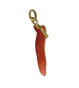 RED CORAL 14K GOLD ITALIAN PEPPER HORN GOOD LUCK PENDANT CHARM MARKED 585   Marked, ''585'', rich