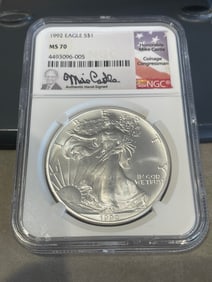 RARE 1992 SILVER EAGLE NGC MS-70 (MIKE CASTLE SIGNED LABEL) ONE DOLLAR