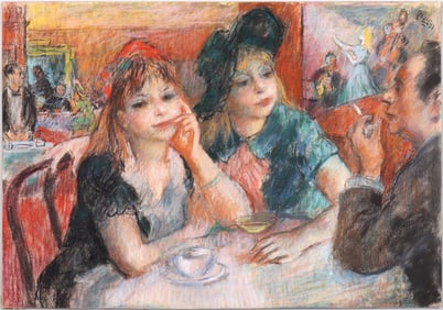 ROBERT PHILIPP (AMERICAN 1895-1981), TWO GIRLS AT A CAFE, PASTEL ON PAPER PAINTING   Robert Philipp