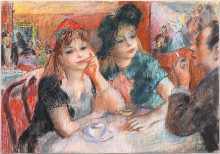 ROBERT PHILIPP (AMERICAN 1895-1981), TWO GIRLS AT A CAFE, PASTEL ON PAPER PAINTING   Robert Philipp: ROBERT PHILIPP (AMERICAN 1895-1981), TWO GIRLS AT A CAFE, PASTEL ON PAPER PAINTINGRobert Philipp American, 1895-1981 Two Girls at a Cafe Pastel on paper on artist's board Signed upper right. Glue and