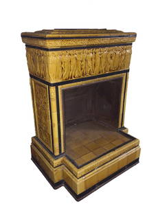 J. & J.G. LOW ART TILE WORKS FULL SIZE FIREPLACE, CHELSEA MASS. GLAZED MAJOLICA c1885   With glazed: J. & J.G. LOW ART TILE WORKS FULL SIZE FIREPLACE, CHELSEA MASS. GLAZED MAJOLICA c1885With glazed majolica tiles, grout, enameled copper, iron, decorated using Amber/brown glaze, depicting maidens, geo