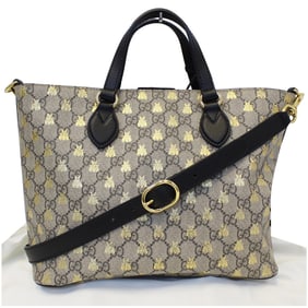 GUCCI GG SUPREME 473887 BEES MONOGRAM TOTE BAG w CLUTCH PURSE BLACK/GOLD, can be worn as Cross
