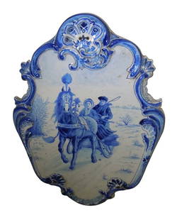 DELFT CHARGER HORSE DRAWN SLEIGH SCALLOPED & C-SCROLL PLAQUE 19c  DETAILS:   - SIZE: 22 x 16: DELFT CHARGER HORSE DRAWN SLEIGH SCALLOPED & C-SCROLL PLAQUE 19cDETAILS: - SIZE: 22 x 16 Inches. - TITLE: Dashing Through The Snow - SIGNED: Makers mark on the verso, partial paper label also on the v