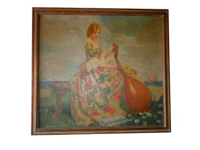 ETTORE CASER THE LUTE PLAYER OIL PAINTING YOUNG GIRL   DETAILS:   - ARTIST: Ettore Caser  - BIRTH:: ETTORE CASER THE LUTE PLAYER OIL PAINTING YOUNG GIRL DETAILS: - ARTIST: Ettore Caser - BIRTH: American, 1880-1944 - TITLE: The Lute Player - SIGNED: E Caser (Lower Left); Grand Central Art Galleries L
