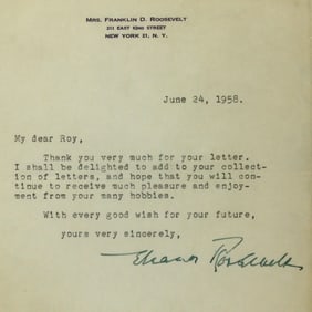 ELEANOR ROOSEVELT TYPED LETTER CA. 1958, SIGNED AUTOGRAPH, FIRST LADY   Eleanor Roosevelt Typed