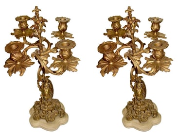 19C FRENCH ROCCO REVIVAL DORE BRONZE CHERUB CANDELABRA   A Pair of 19th century French dore bronze