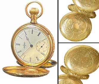 14K GOLD ELGIN HUNTING CASE POCKET WATCH HAND ENGRAVED CASE Circa 1888   An Outstanding Vintage