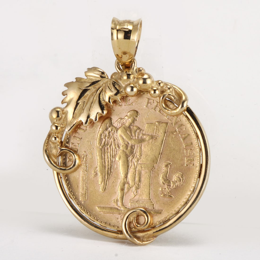 1898 FRANCE 20 FRANCS GOLD ANGEL COIN IN A 14K FRUITING GRAPE VINE PENDANT WITH A SUPER HIGH RELIEF (1 of 4)
