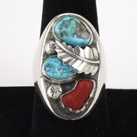 MEN'S OLD PAWN NATIVE AMERICAN SILVER, TURQUOISE AND CORAL NAVAJO FEATHER RING    Rich with color