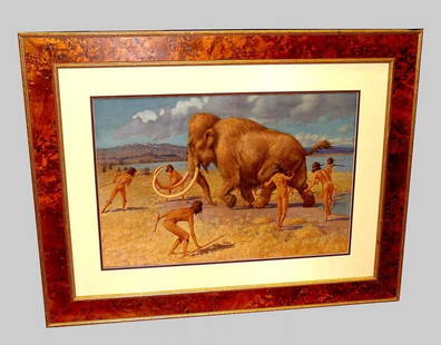 WILLIAM HUTTON RIDDELL MAMMOTH HUNT WATERCOLOR PAINTING   William Hutton Riddell  American, 1880 -: WILLIAM HUTTON RIDDELL MAMMOTH HUNT WATERCOLOR PAINTINGWilliam Hutton Riddell American, 1880 - 1947 Mammoth Hunt Signed: W.H. Riddell (lr); Watercolor 16-1/4 x 24-1/4 In. Additional Notes: Professiona