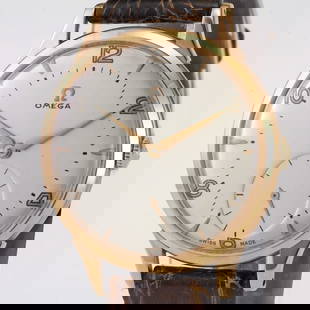 A TRESOR or JUMBO 18KT GOLD OMEGA CALIBER 265 15J MENS MANUAL WATCH, CA. 1954-1960   Brand: Omega: A TRESOR or JUMBO 18KT GOLD OMEGA CALIBER 265 15J MENS MANUAL WATCH, CA. 1954-1960 Brand: Omega  Ref: Caliber 265 15J Model: TRESOR or JUMBO 37mm or 30T2 (N.A.) Movement number: 11866442 Gender: Mens