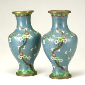 PAIR OF LATE QING DYNASTY (1644-1911), CHINESE CLOISONNE ENAMEL VASES    Decorated in mirror on a