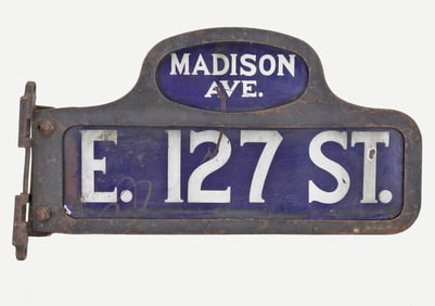 RARE PORCELAIN HUMPBACK STREET SIGN E. 127 ST. & MADISON AVE. NEW YORK CITY, NYC Ca. 1920    A Fine