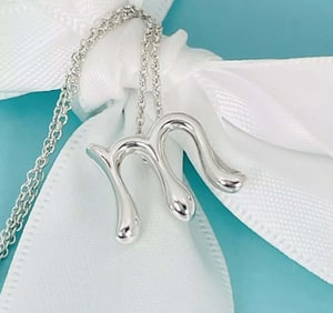 TIFFANY & CO. STERLING SILVER ELSA PERETTI LETTER M PENDANT NECKLACE w/ Box Pouch   Marked,