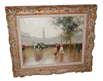ANDRE GISSON PLACE DU CHATELET OIL PAINTING, FRENCH   DETAILS:  - ARTIST:  Andre Gisson   - ORIGIN: