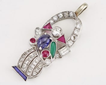 CARTIER STYLE PLATINUM, CARVED COLORED STONE DIAMOND 'TUTTI FRUTTI' PENDANT   The stylized motif