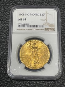 1908 NO MOTTO $20 (REGULAR STRIKE) SERIES: SAINT-GAUDENS $20 GOLD NGC MS62     - Other Notes: