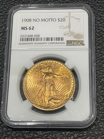 1908 NO MOTTO $20 (REGULAR STRIKE) SERIES: SAINT-GAUDENS $20 GOLD NGC MS62     - Other Notes: