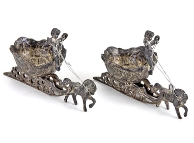 CONTINENTAL EARLY 20TH CENTURY PAIR OF HORSE DRAWN STERLING SILVER SALT CELLARS   Stamped: Sterling