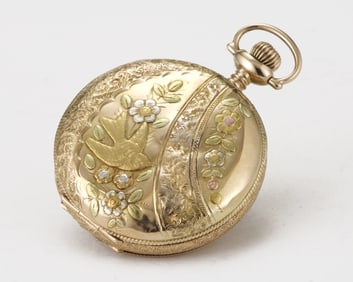 1914 ILLINOIS HUNTING CASE 14KT TRI-COLOR GOLD POCKET WATCH HUMMINGBIRD IN FLIGHT 29.4G SIZE: 0S