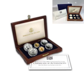1994 USA WORLD CUP BU & PROOF Comemm. 6 COIN SET In Gold, Silver and Clad