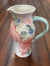 REJANE MERCIER STONEWARE POTTERY PITCHER, HAND PAINTED, FLORAL, FLOWERS ROSES, CANADIAN ARTIST,