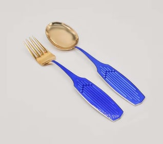 ANTON MICHELSEN 1961 DANISH GOLD WASH SILVER BLUE ENAMEL ORGAN PIPES CHRISTMAS SPOON & FORK