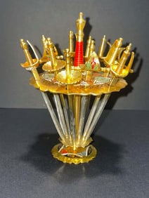 1950s BRASS ENAMEL MARTINI COCKTAIL SWORDS VINTAGE MID-CENTURY MAD MEN Swords with stand, 12 gold