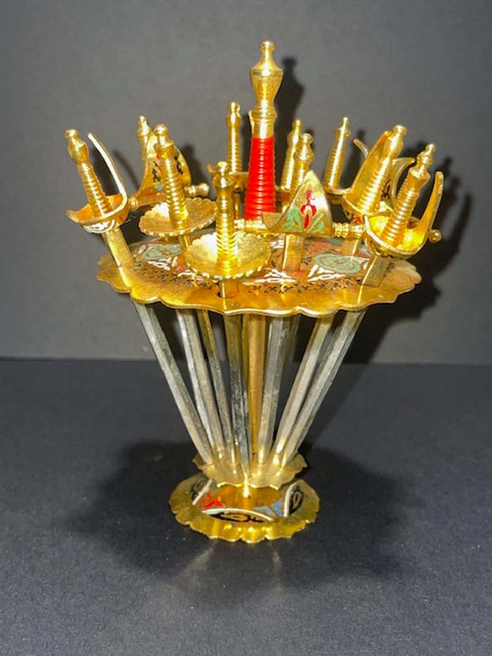 1950s BRASS ENAMEL MARTINI COCKTAIL SWORDS VINTAGE MID-CENTURY MAD MEN Swords with stand, 12 gold (1 of 2)
