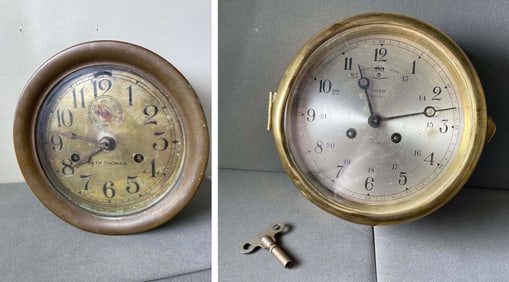 VINTAGE BRASS SETH THOMAS & SALEM 8 DAY PORTHOLE CLOCK, FOR PARTS (As Is) Both have a nice aged