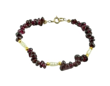 POLISHED RAW AMETHYST PEARL 14KT GOLD BEAD BRACELET A Vintage Polished Raw Amethyst, Pearl, Gold