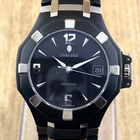 CONCORD SARATOGA 14 C2 1894 BLACK CERAMIC STAINLESS QUARTZ WATCH NOS w/ BIRDS EYE MAPLE BOX &